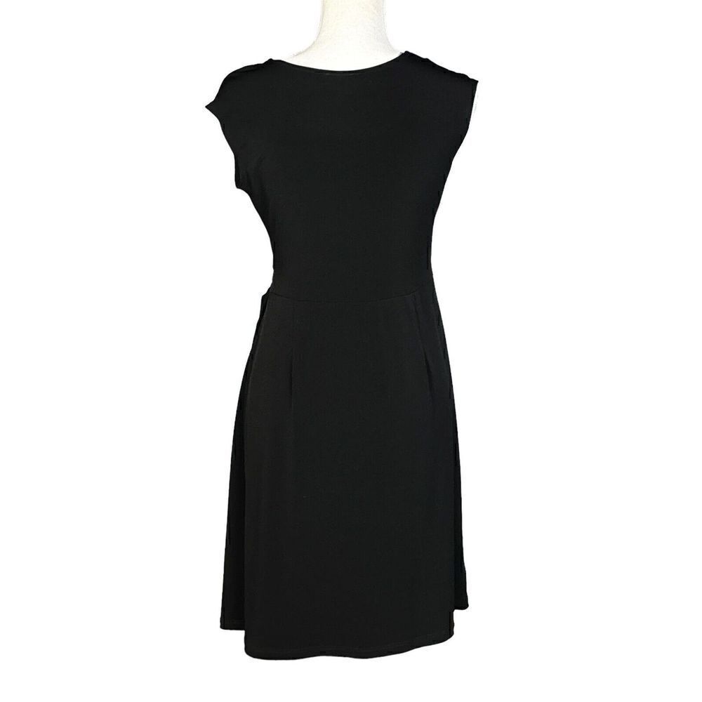 Clara Sun Woo Sheath Dress Black Faux Wrap Size Small Ruched Minimalist Capsule - Picture 3 of 9